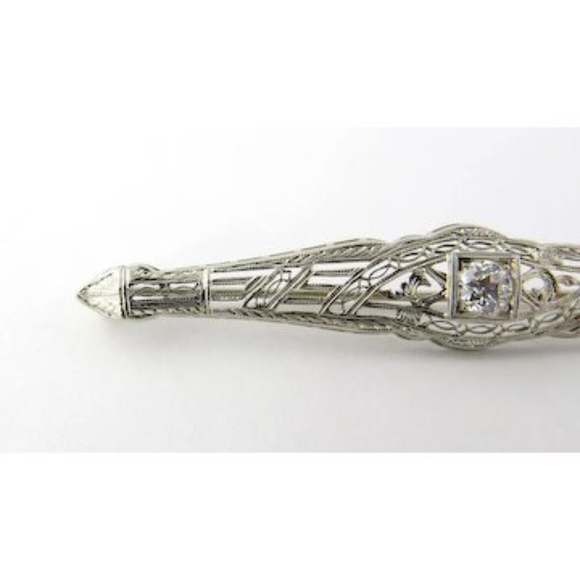 Antique 14K White Gold and European Diamond Filigree Bar Pin Brooch .5ct #189 - Picture 2 of 7